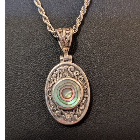 VTG 925 Sterling Silver Filigree Abalone Shell Pendant Rope 24" Chain Necklace - Picture 5 of 9